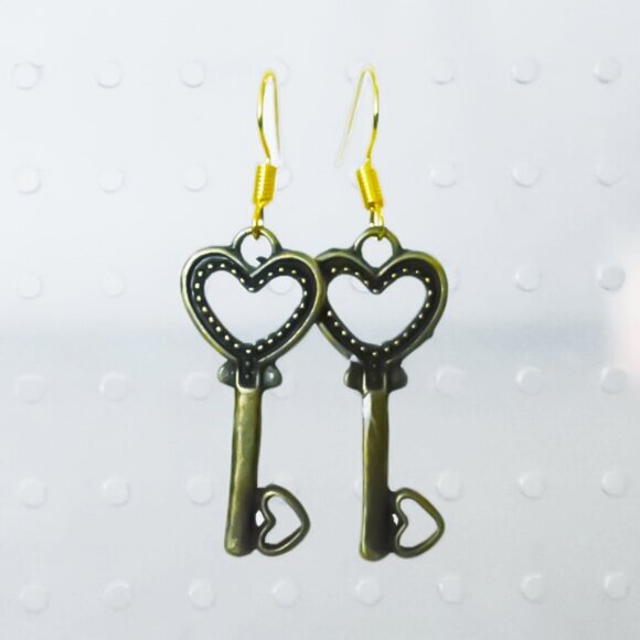 Bronze Key Heart Earrings - Picture 1 of 3